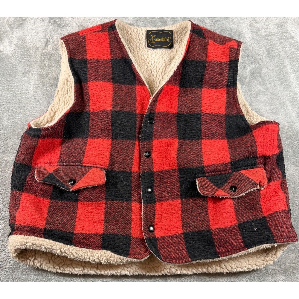 Vtg‎ Lakeshire Buffalo Plaid Wool Sherpa Vest Red Black Men's Medium USA